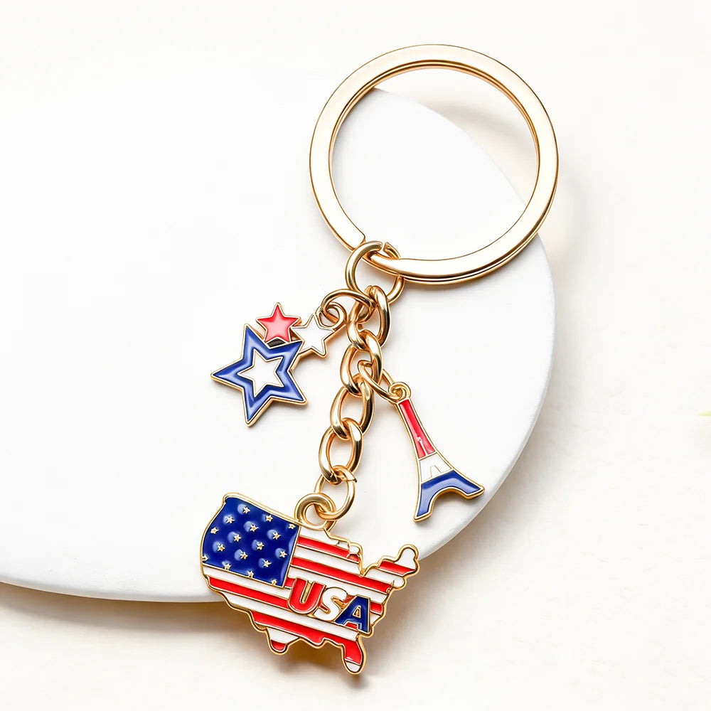 Patriotic USA Flag Map Keychain Enamel Charm Key Ring