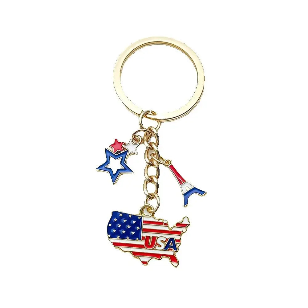 Patriotic USA Flag Map Keychain Enamel Charm Key Ring