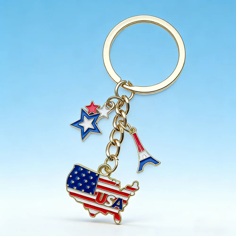 Patriotic USA Flag Map Keychain Enamel Charm Key Ring