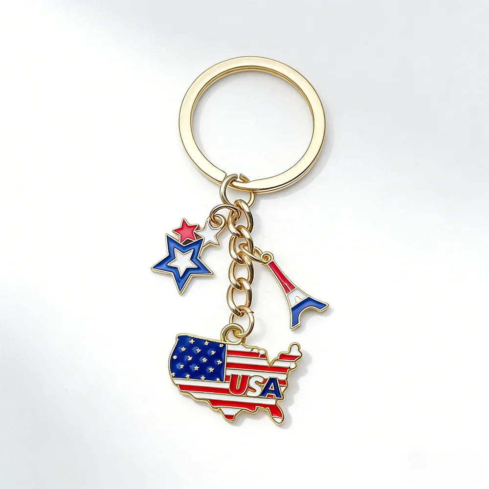Patriotic USA Flag Map Keychain Enamel Charm Key Ring