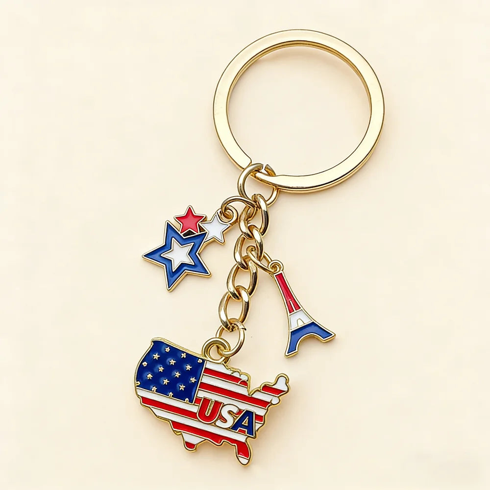 Patriotic USA Flag Map Keychain Enamel Charm Key Ring