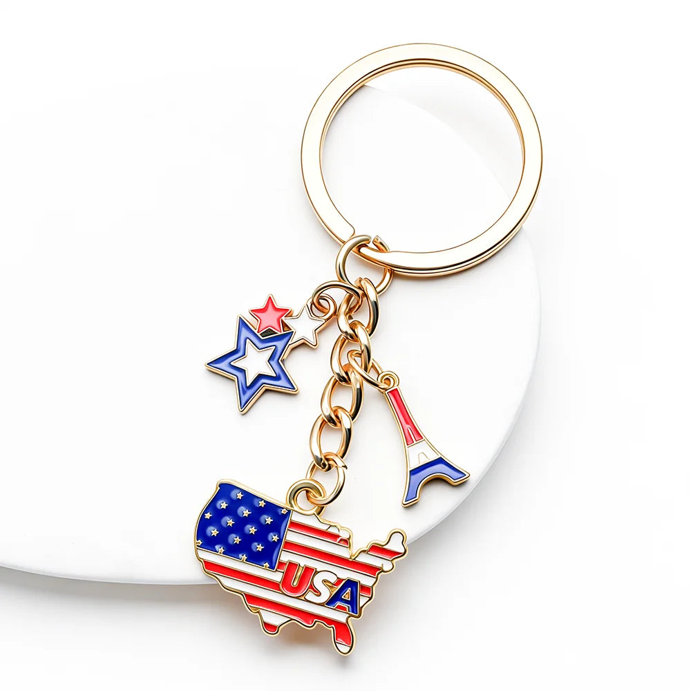 Patriotic USA Flag Map Keychain Enamel Charm Key Ring