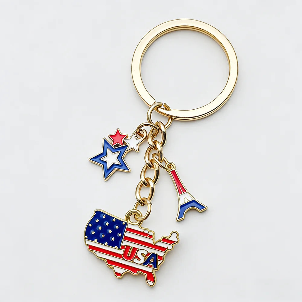 Patriotic USA Flag Map Keychain Enamel Charm Key Ring